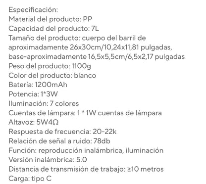 Cubeta de Hielo Hielera Parlante Luminosa Led Recargable 7L