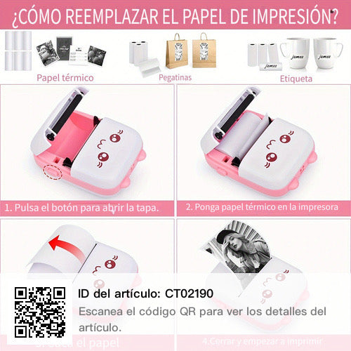 Impresora Térmica Kawaii Gatito / CELESTE - ROSA + 5 ROLLOS REPUESTO