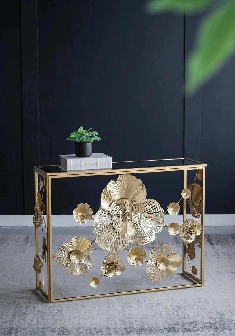 Mesa De Arrimo Dorado Calidad Premium Con Cubierta De Vidrio
