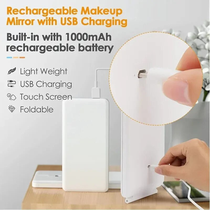 Espejo Led Rectangular Recargable Portátil Ajustable